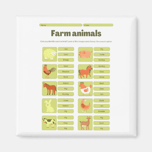 Farm Animals Identification Educational Worksheet Magnet (Vorne)