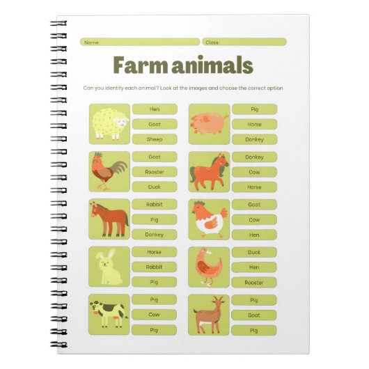 Farm Animals Identification Educational Worksheet Notizblock (Vorderseite)