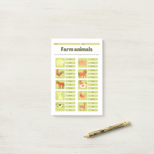 Farm Animals Identification Educational Worksheet Post-it Klebezettel (Auf Schreibtisch)