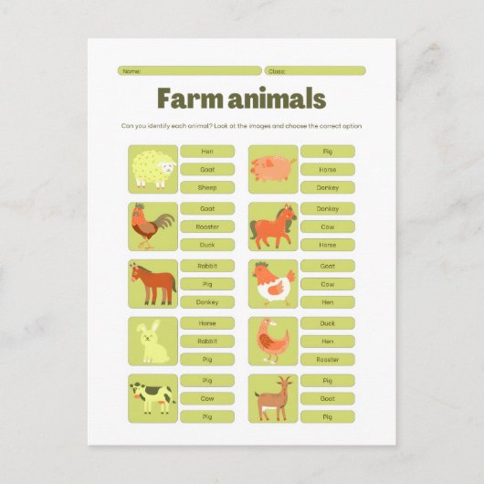 Farm Animals Identification Educational Worksheet Postkarte (Vorderseite)