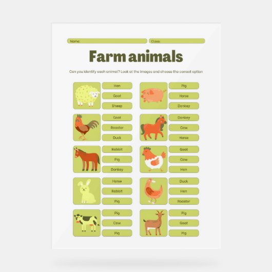Farm Animals Identification Learning Worksheet Acrylschild (Vorderseite)