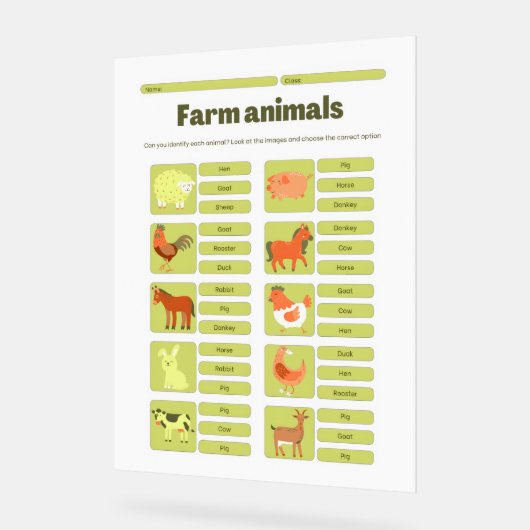 Farm Animals Identification Learning Worksheet Acrylschild (Winkel)