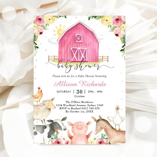 Farm Animals Pink Baby Shower Invitation Einladung