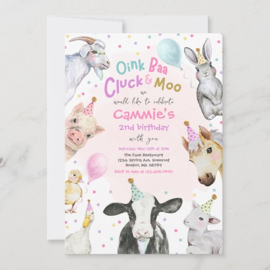 Farm Animals Pink Girl Barnyard Birthday Party Einladung (Vorderseite)