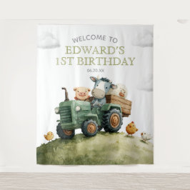 Farm Animals Tractor Birthday Photo Backdrop Wandteppich