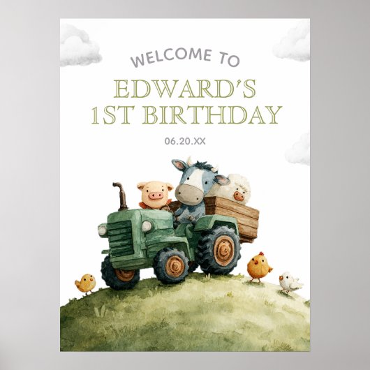 Farm Animals Tractor Birthday Welcome Sign Poster (Vorne)