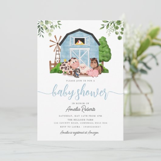 Farm Baby Showeinladung, Blue Barn Einladung (Stehend Vorderseite)