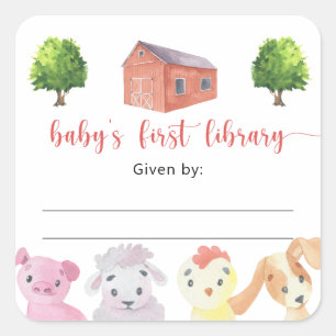 Farm Baby Shower Exlibris, Bücher für Baby Quadratischer Aufkleber