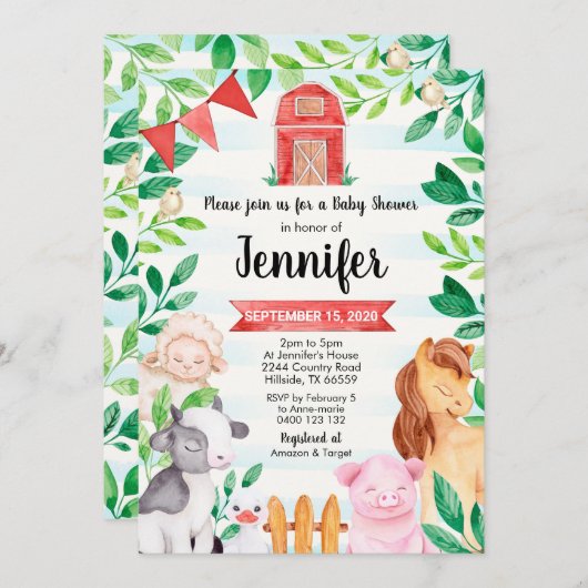 Farm Baby Shower Invitation Farm Animals Dusche Einladung (Vorne/Hinten)