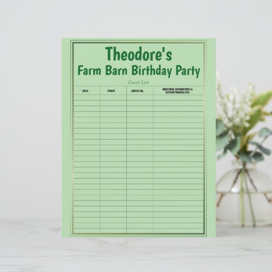 Farm Barn Birthday Party Guest List (Stehend Vorderseite)