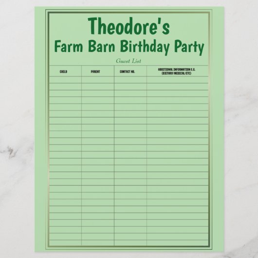 Farm Barn Birthday Party Guest List (Vorderseite)
