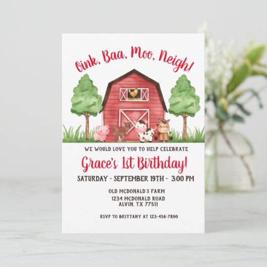 Farm Barnyard 1. Geburtstag Einladung (Stehend Vorderseite)