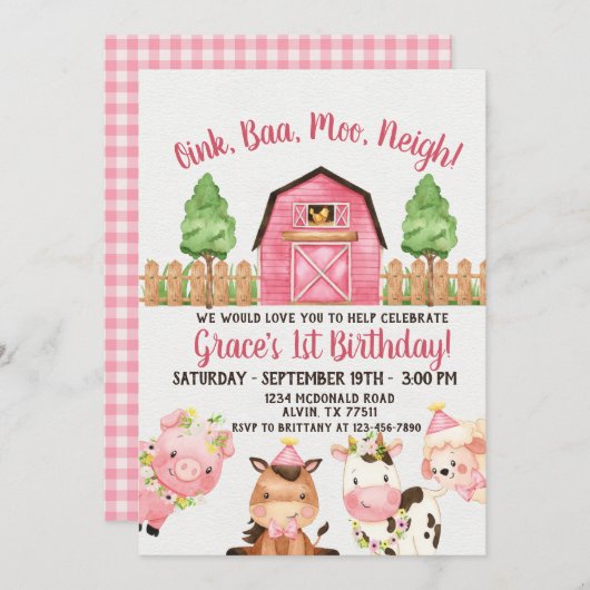 Farm Barnyard 1. Geburtstag Einladung (Vorne/Hinten)