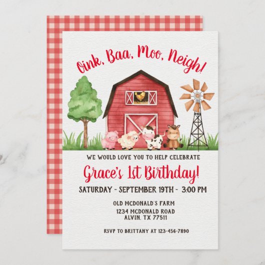 Farm Barnyard 1. Geburtstag Einladung (Vorne/Hinten)