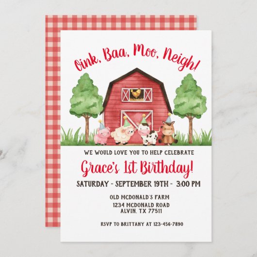 Farm Barnyard 1. Geburtstag Einladung (Vorne/Hinten)