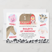 Farm Barnyard Animals Red Gingham Boy Birthday Einladung (Vorderseite)