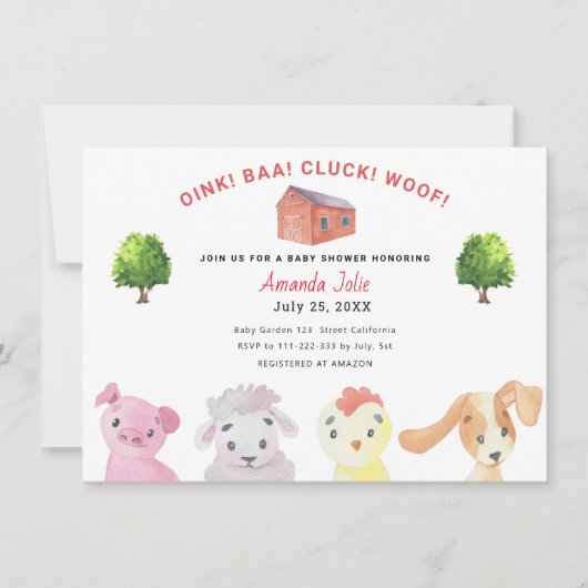 Farm Barnyard Baby Dusche Einladung (Vorderseite)