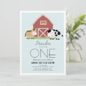 Farm Barnyard Blue Boy 1. Geburtstag Einladung (Stehend Vorderseite)