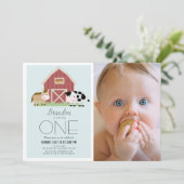 Farm Barnyard Blue Boy Foto 1. Geburtstag Einladung (Stehend Vorderseite)