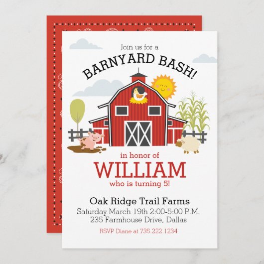 Farm Barnyard Geburtstagsparty Einladung (Vorne/Hinten)