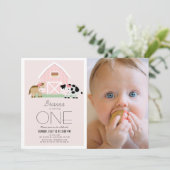 Farm Barnyard Pink Girl Foto 1. Geburtstag Einladung (Stehend Vorderseite)