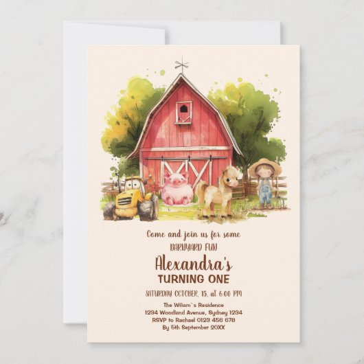 Farm Barnyard Tiere Geburtstag Einladung (Vorderseite)