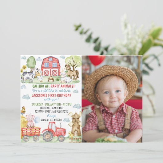Farm Barnyard Tiere Geburtstag Foto Einladung (Stehend Vorderseite)