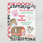 Farm Barnyard Tiere Gingham Cow Print Birthday Einladung (Vorne/Hinten)