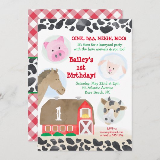 Farm Barnyard Tiere Gingham Cow Print Birthday Einladung (Vorne/Hinten)