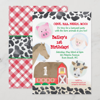 Farm Barnyard Tiere Gingham Cow Print Birthday Einladung