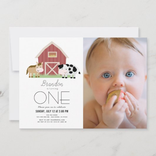 Farm Barnyard Weißes Geschlecht-neutral 1. Geburts Einladung (Vorderseite)