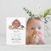 Farm Barnyard Weißes Geschlecht-neutral 1. Geburts Einladung (Stehend Vorderseite)