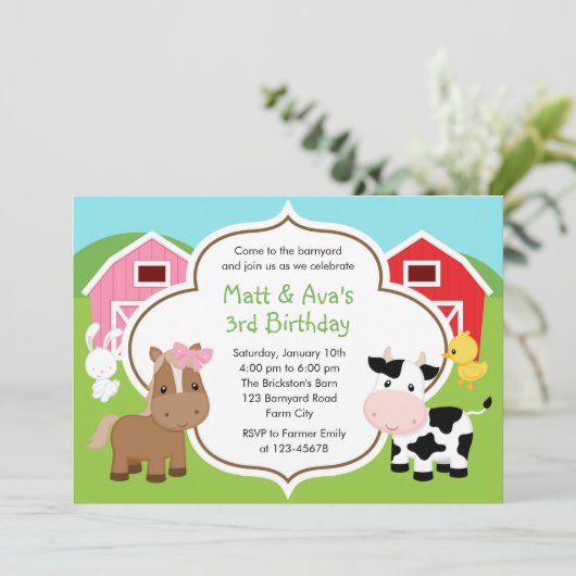 Farm Birthday Einladung - Boy Girl Twins Barnyard (Stehend Vorderseite)