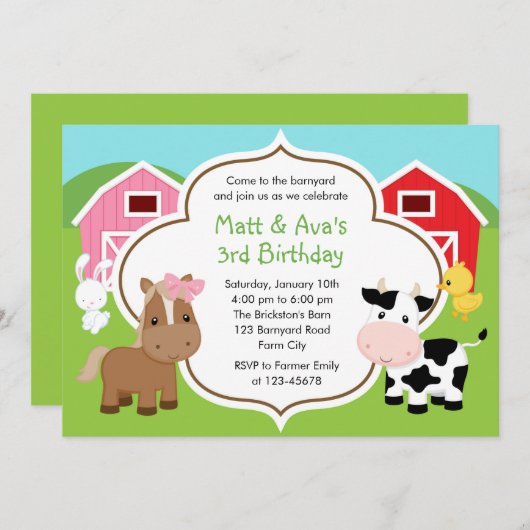 Farm Birthday Einladung - Boy Girl Twins Barnyard (Vorne/Hinten)