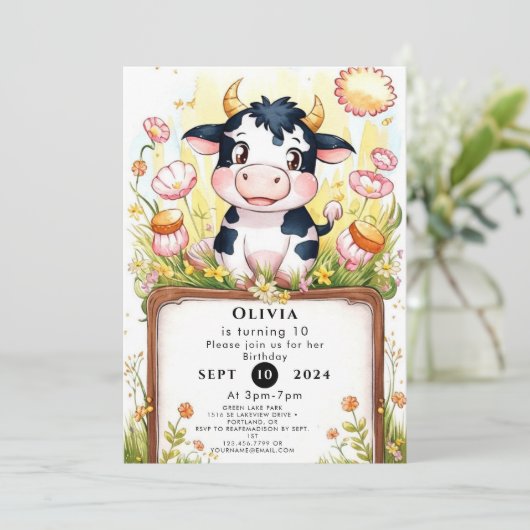Farm Boho Kuh Geburtstag Einladung (Stehend Vorderseite)