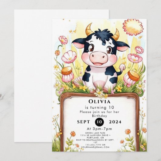Farm Boho Kuh Geburtstag Einladung (Vorne/Hinten)