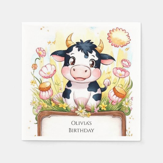 Farm Boho Kuh Geburtstag Serviette (Vorderseite)