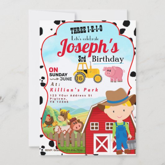 FARM BOY 3rd BIRTHDAY INVITATION THREE-I-I-I-O Einladung (Vorderseite)
