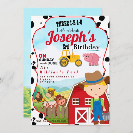 FARM BOY 3rd BIRTHDAY INVITATION THREE-I-I-I-O Einladung (Vorne/Hinten)