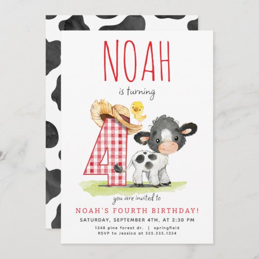 Farm Cow Vierte Geburtstagseinladung Einladung (Vorne/Hinten)