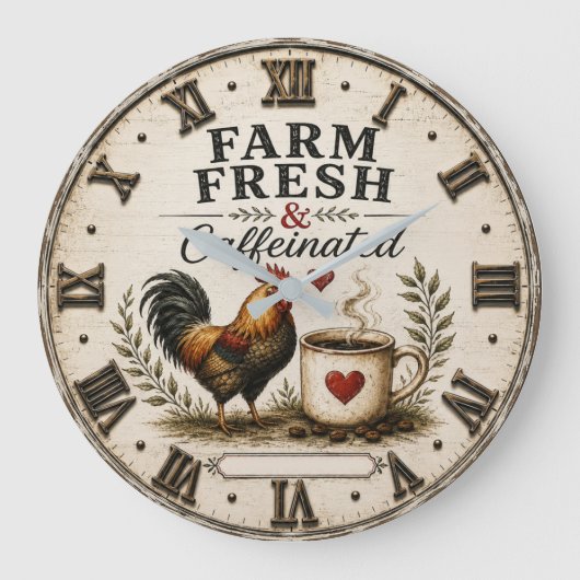 Farm Fresh & Caffeinated Rustic Rooster Coffee Große Wanduhr (Vorderseite)