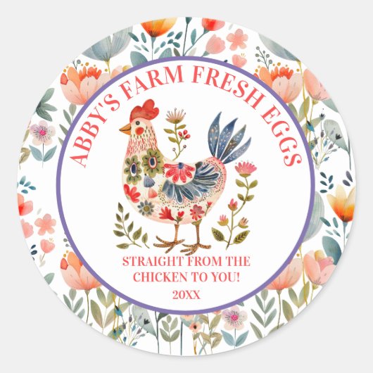 Farm Fresh Eggs Folk Art Chicken Runder Aufkleber (Vorderseite)