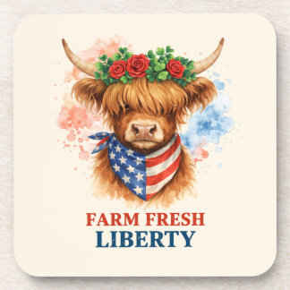 Farm Fresh Liberty Highland Cow Patriotic USA Art Getränkeuntersetzer