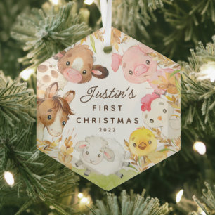 Farm Friends Baby's First Christmas Ornament Aus Glas