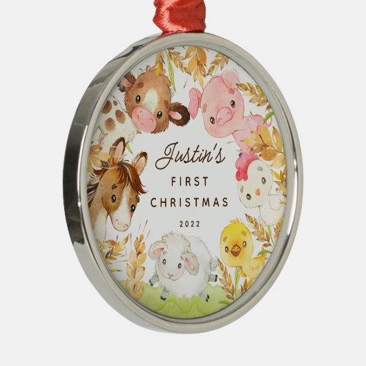 Farm Friends Baby's First Christmas Ornament Aus Metall (Rechts)