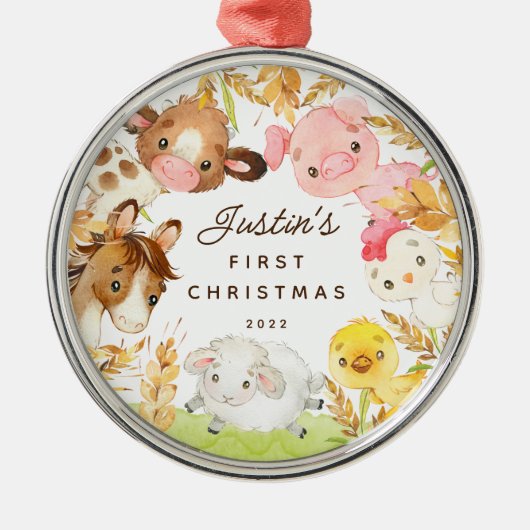 Farm Friends Baby's First Christmas Ornament Aus Metall (Vorne)