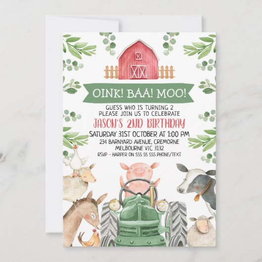 Farm Green Tractor Oink Baa Moo 2nd Birthday Einladung (Vorderseite)