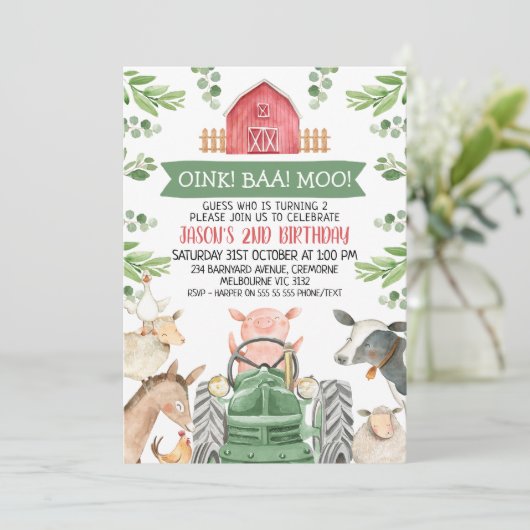 Farm Green Tractor Oink Baa Moo 2nd Birthday Einladung (Stehend Vorderseite)