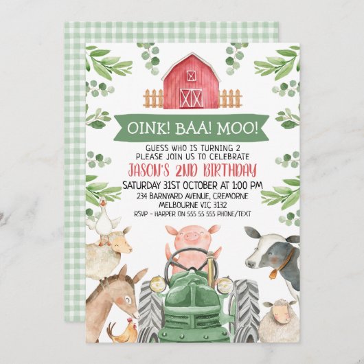 Farm Green Tractor Oink Baa Moo 2nd Birthday Einladung (Vorne/Hinten)