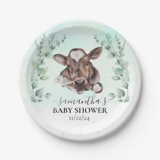 Farm Kuh Calf Baby Dusche Eukalyptus Pappteller (Vorderseite)